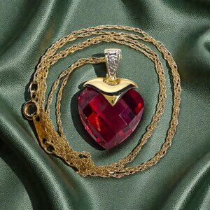 10k Gold Ruby Diamond Necklace 16" BIG 13mm Heart Briolette -Red Ruby -3.2g